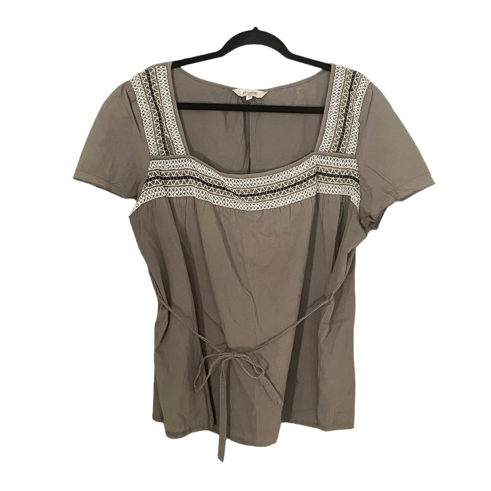 AE SPORT Boho Olive Green Cotton Embroidered Square Neck Short Sleeve Blouse 14